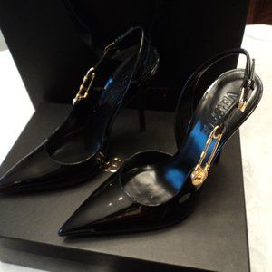 authentic Versace black patent leather slingback heels, gold medusa size 8.5